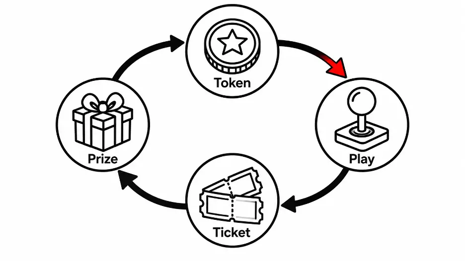 Loop diagram linking token, joystick, ticket strip and gift box icons labelled Token, Play, Ticket and Prize