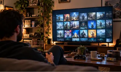 A male gamer sits on a sofa browsing a large digital game library on a TV